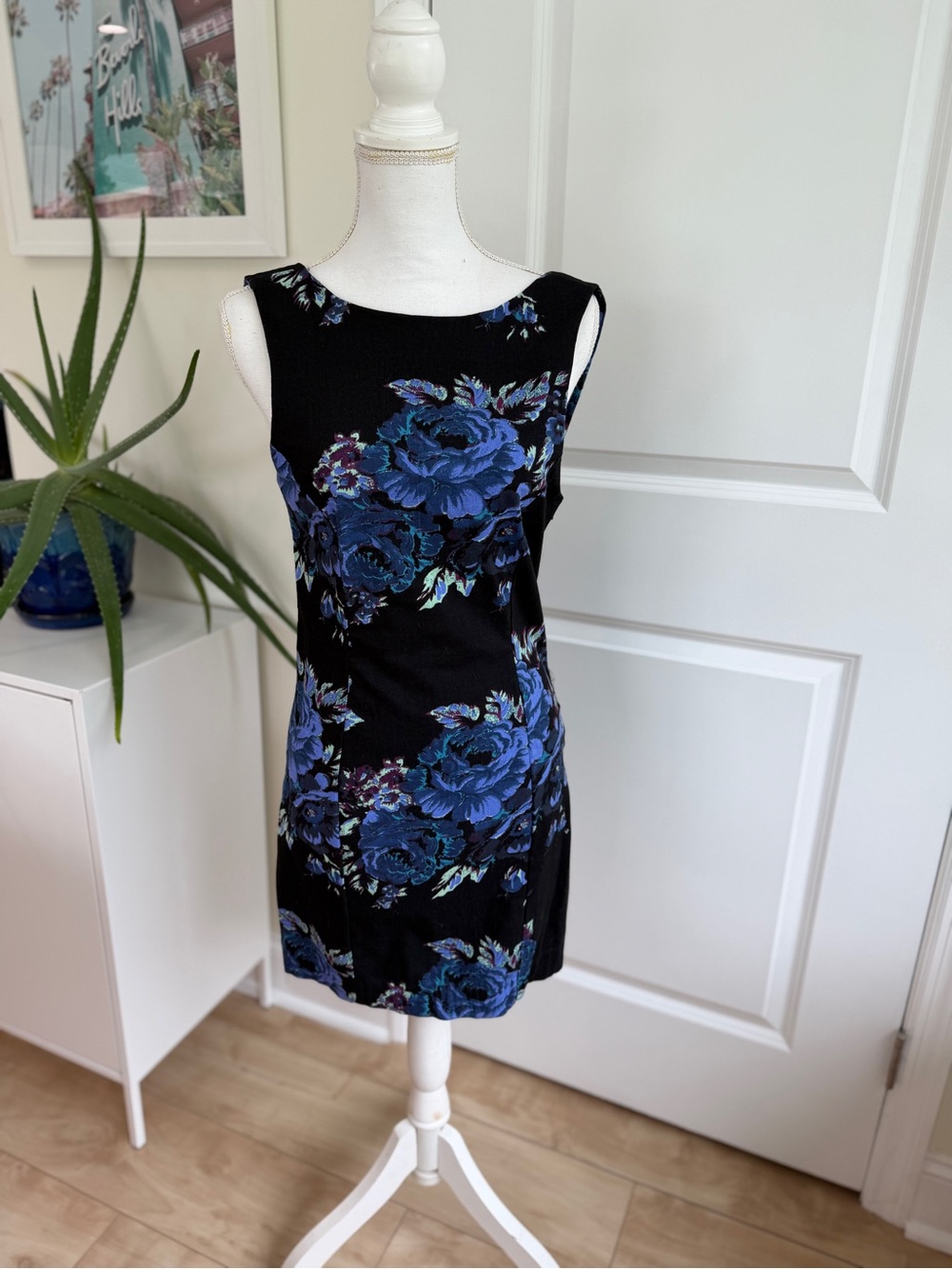 Free People Black Floral backless Sheath Dress with Blue Roses